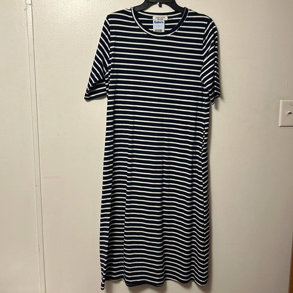 Navy blue and white midi striped dress